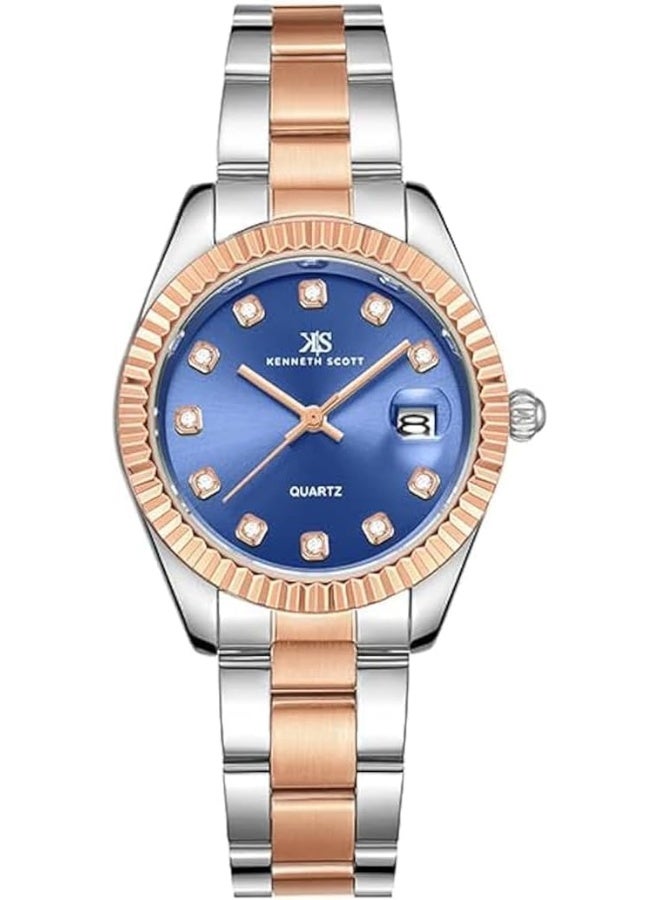 كينيث سكوت ساعة كينيث سكوت نسائية بحركة ، مينا تناظري وسوار ستانلس ستيل بلون ذهبي وردي مزدوج - Image 1