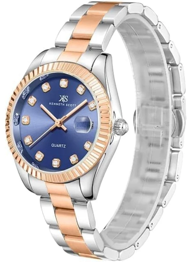 كينيث سكوت Kenneth Scott Women's SL28 Movement Watch, Analog Display and Solid Stainless Steel Strap - K23546-KBKN, Two Tone Rose Gold
