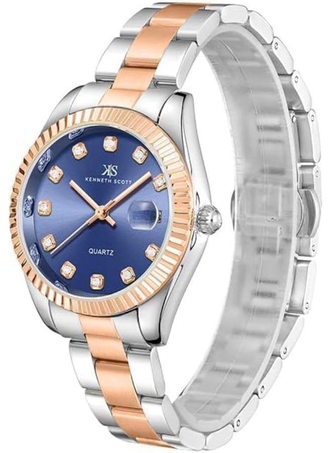 كينيث سكوت ساعة كينيث سكوت نسائية بحركة ، مينا تناظري وسوار ستانلس ستيل بلون ذهبي وردي مزدوج - Image 2