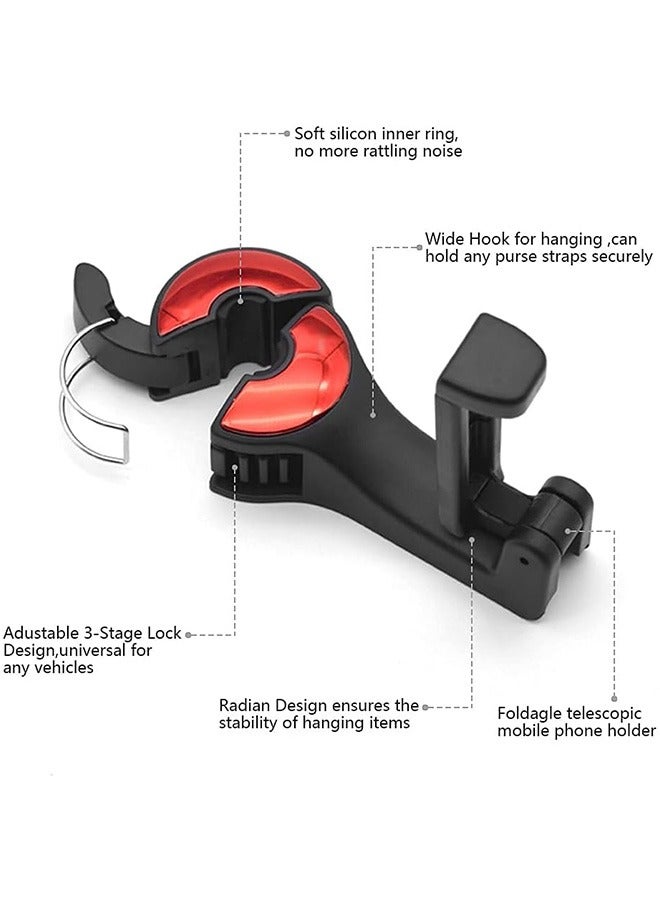 2Pcs Car Seat Hook with Phone Holder, 2 in 1 Universal 360° Swivel Headrest Hook, Handbag Holders, Hanger, Storage Organizers (Red) - Image 2