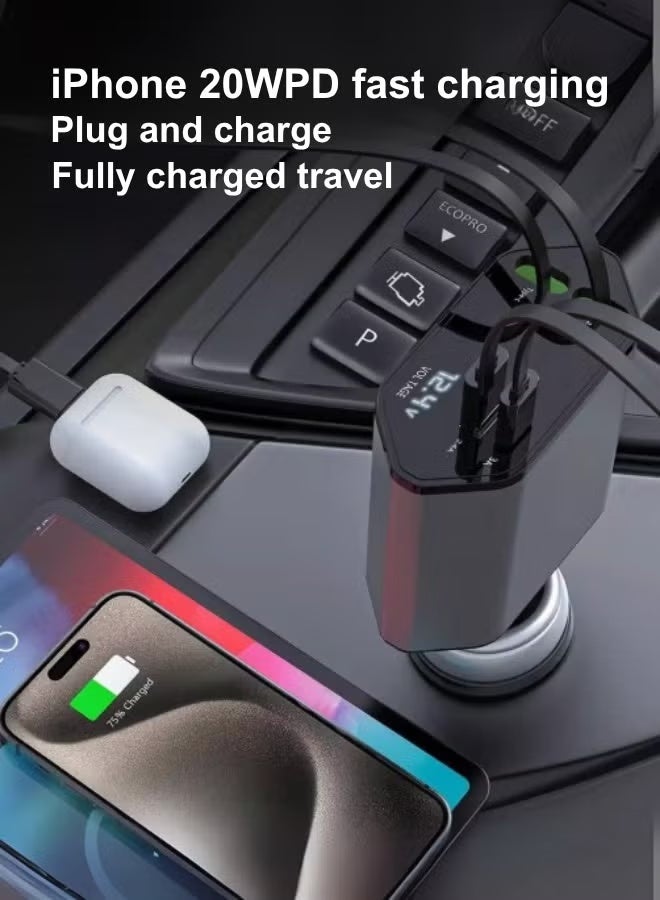 جوي فوكس شاحن سيارة 120 وات، شاحن سيارة USB PD 4 في 1 من النوع C للشحن السريع، كابل قابل للسحب (31.5 بوصة) ومحول شاحن سيارة بمنفذين USB من النوع C وكابلات Lightning متوافق مع أجهزة Iphone 16/15/14/13/12 Pro Max Xr وiPad وPixel - Image 2