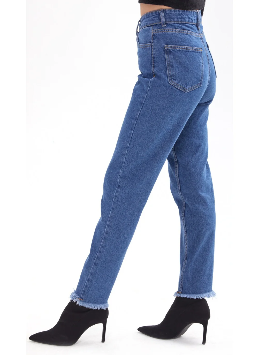 Tofisa 23670-BLUE High Waist Tassel Mom Jeans