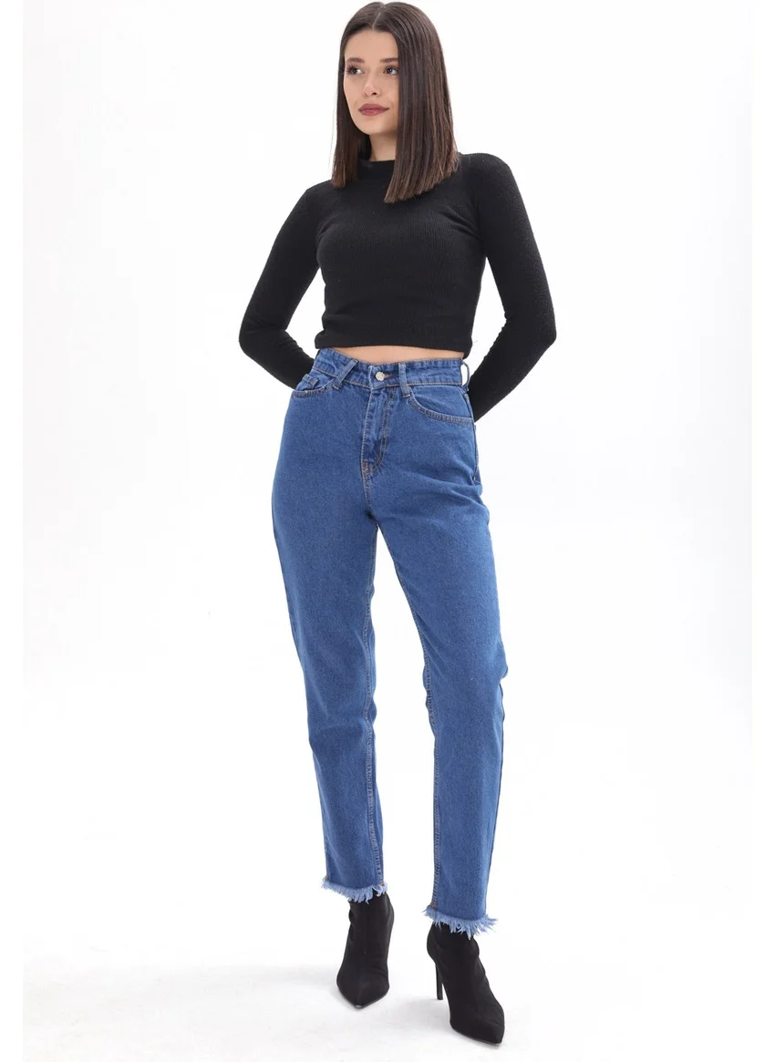Tofisa 23670-BLUE High Waist Tassel Mom Jeans