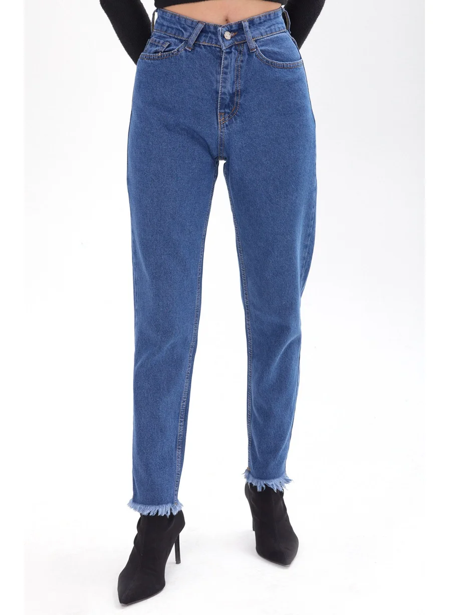 Tofisa 23670-BLUE High Waist Tassel Mom Jeans