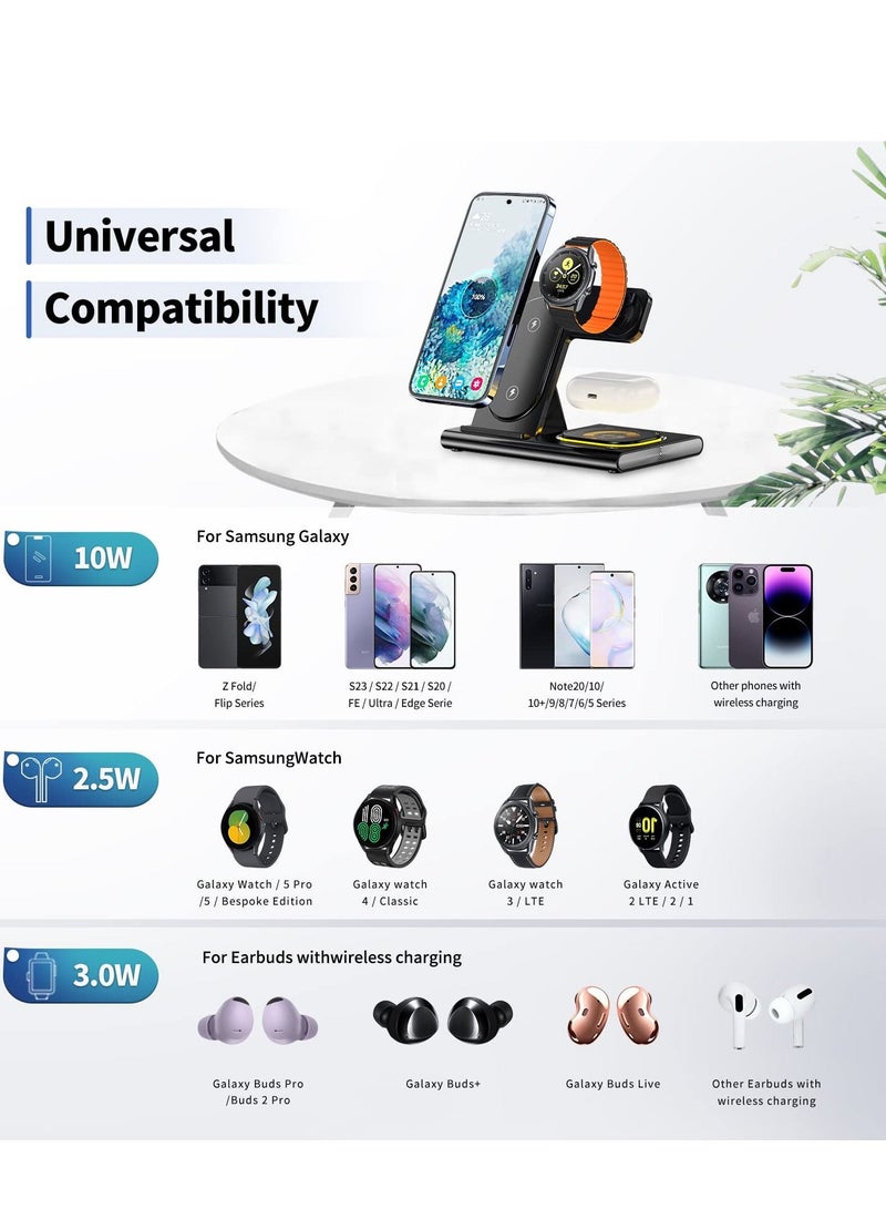 شاحن لاسلكي لهاتف Samsung S23 Ultra، محطة شحن سامسونج 3 في 1 لهاتف Samsung S23+/S22 Ultra/S22/Z Fold 4/Z Flip 4، شاحن ساعة سامسونج لساعة Galaxy Watch 5/5 Pro/4/3/Active 2