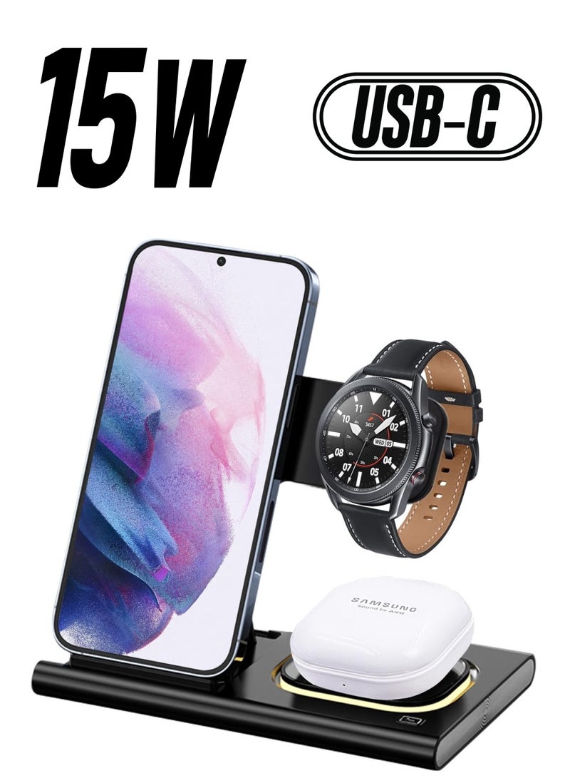 شاحن لاسلكي لهاتف Samsung S23 Ultra، محطة شحن سامسونج 3 في 1 لهاتف Samsung S23+/S22 Ultra/S22/Z Fold 4/Z Flip 4، شاحن ساعة سامسونج لساعة Galaxy Watch 5/5 Pro/4/3/Active 2