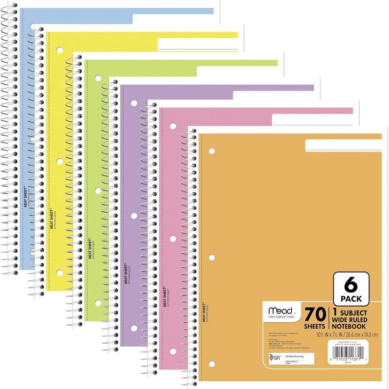 Mead Spiral Notebook, 6 Pack of 1-Subject Wide Ruled Spiral Bound, Pastel Color Cute school Notebooks, 70 Pages - Image 1