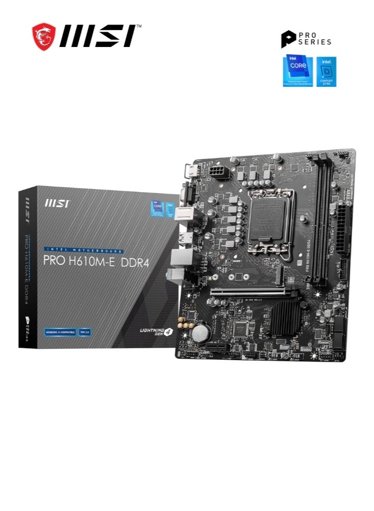 PRO H610M-E DDR4 Motherboard | Micro-ATX - Supports Intel 12th Gen Core Processors, LGA 1700-2 x DIMMs 3200MHz | 1x PCIe 4.0 x16 slot, 1 x M.2 Gen3, USB 3.2 Gen1, 1G LAN, HDMI 1.4 & VGA | 911-7D48-062