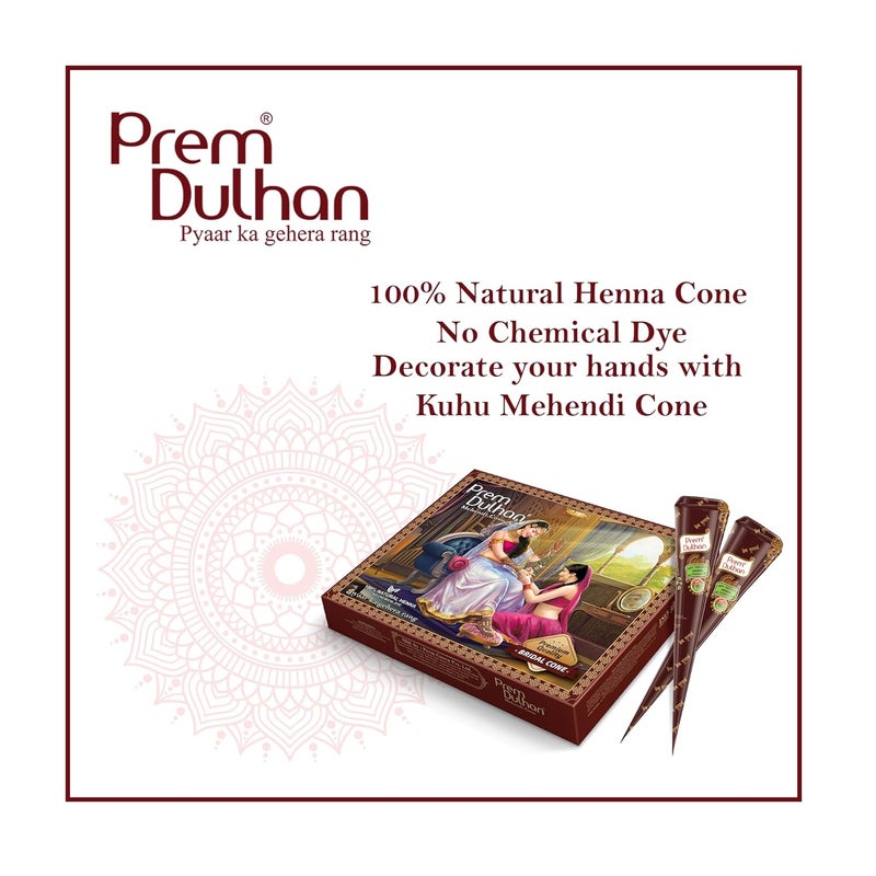 Prem Dulhan Bridal Cone For Wedding Hand Designing  Without Chemical  Long Lasting  For Men Women of 12 pcs of 35g  Natural Mehandi cone  1680g Pack of 4 - Image 5