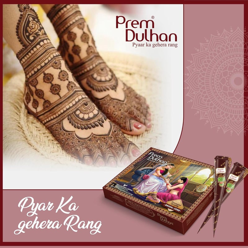Prem Dulhan Bridal Cone For Wedding Hand Designing  Without Chemical  Long Lasting  For Men Women of 12 pcs of 35g  Natural Mehandi cone  1680g Pack of 4 - Image 3