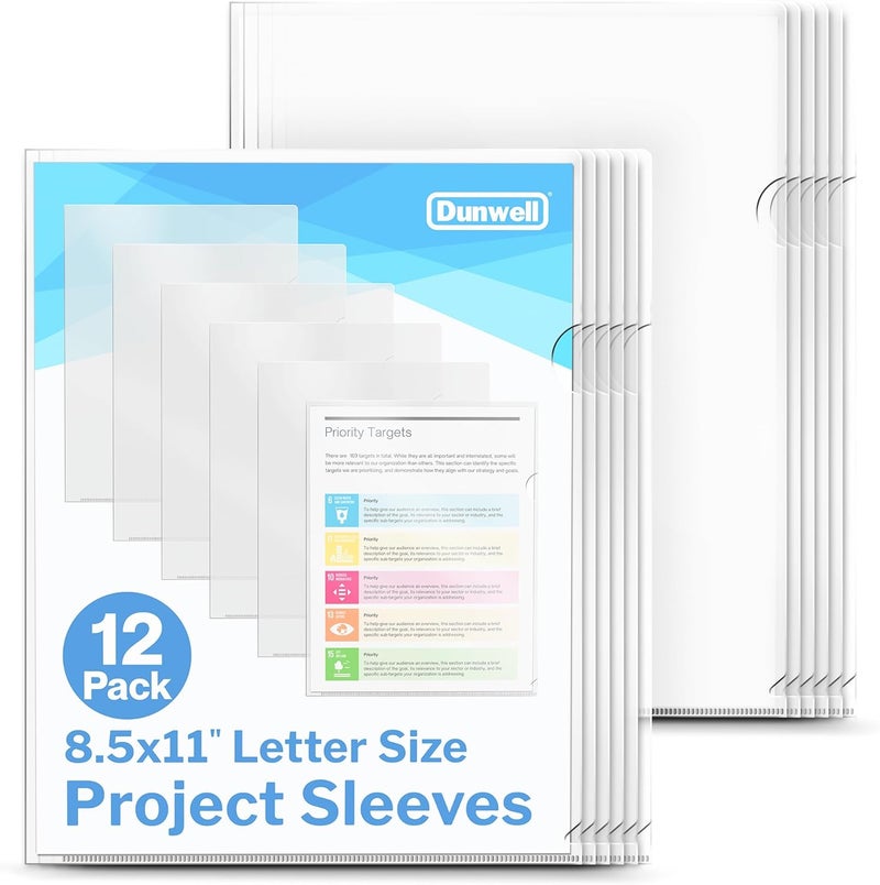 Dunwell Clear Folders for Documents, Plastic 8.5x11 File Sleeves for Document Protection, Filing, Storage, Organization (12 Pack) Transparent Folders with Pockets, Durable Letter Size Document Holder - Image 1