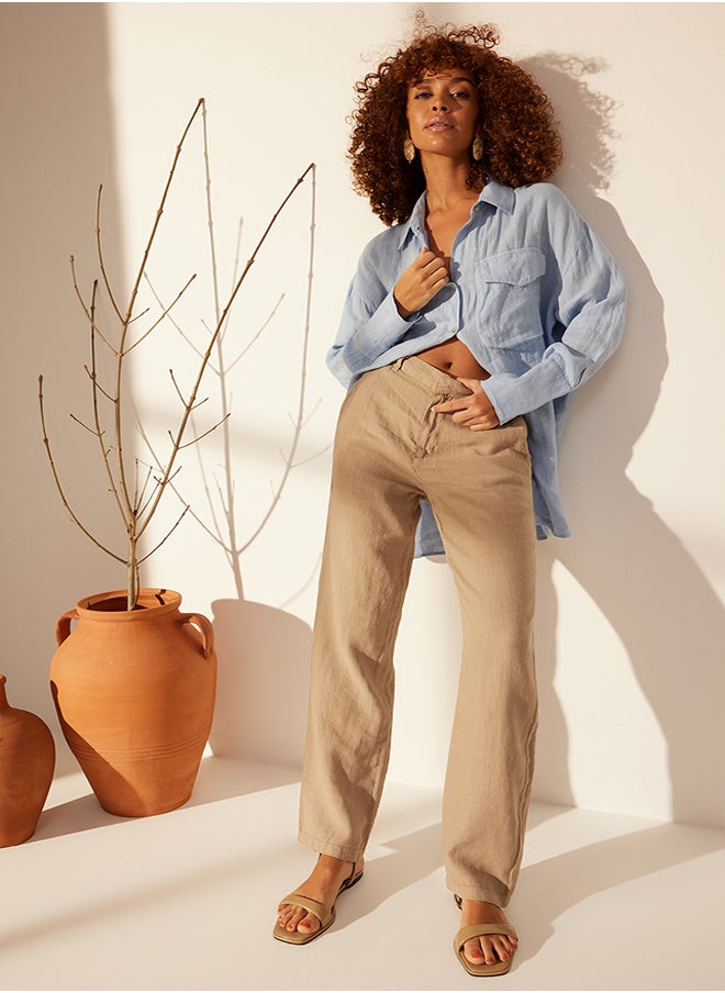 trendyol Mink 100% Linen High Waist Wide Leg Trousers TWOSS24JE00246  - Image 3