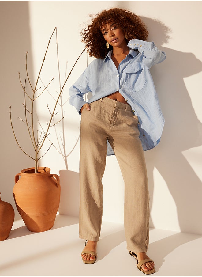 trendyol Mink 100% Linen High Waist Wide Leg Trousers TWOSS24JE00246  - Image 1
