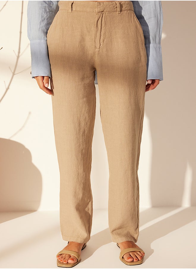 trendyol Mink 100% Linen High Waist Wide Leg Trousers TWOSS24JE00246  - Image 4