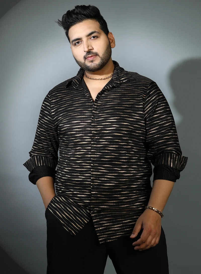 Instafab Plus Instafab Plus Men's Obsidian Black & Antique Gold Vined-Pleated Shirt For Casual Wear | Cuban Collar | Long Sleeves | Button Closure | Plus Size Shirt Crafted With Comfort Fit For Everyday Wear