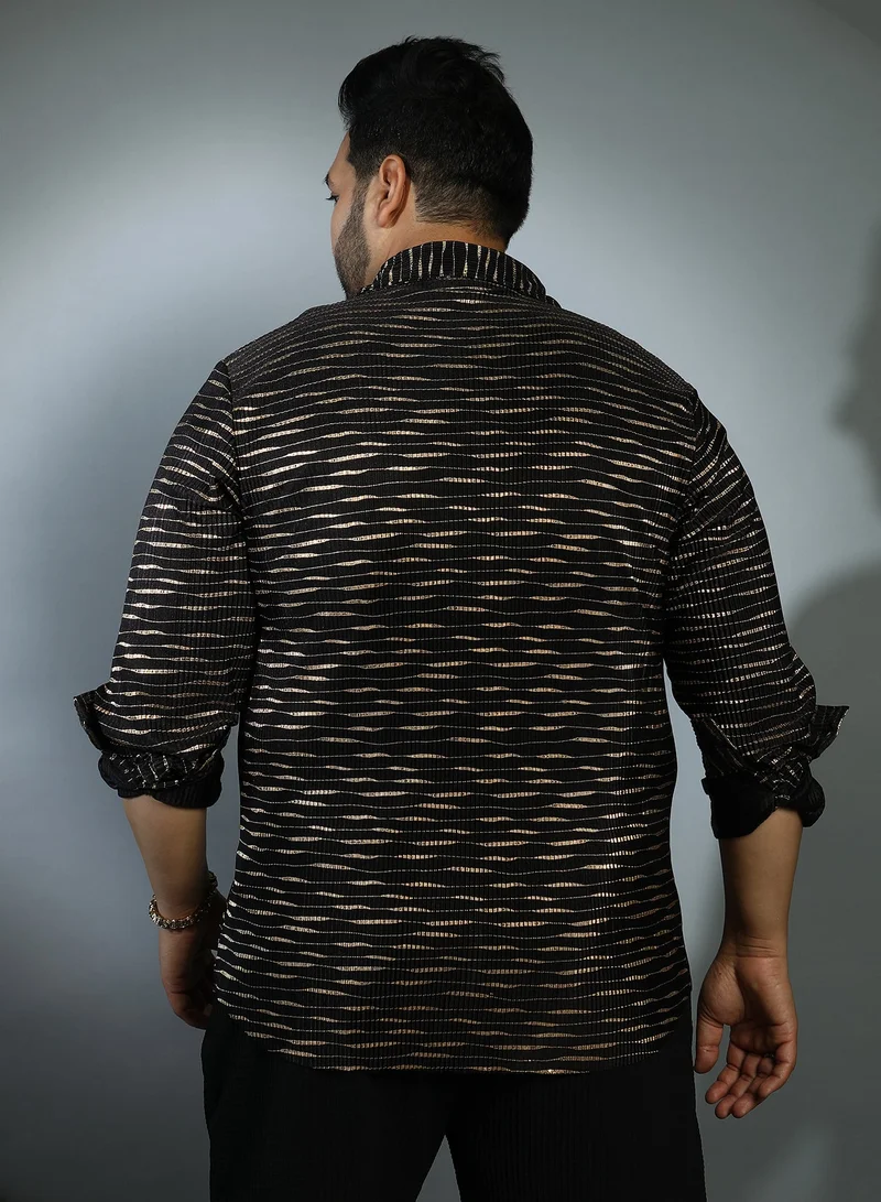 Instafab Plus  Instafab Plus Men's Obsidian Black & Antique Gold Vined-Pleated Shirt For Casual Wear | Cuban Collar | Long Sleeves | Button Closure | Plus Size Shirt Crafted With Comfort Fit For Everyday Wear for Men | Best Price UAE