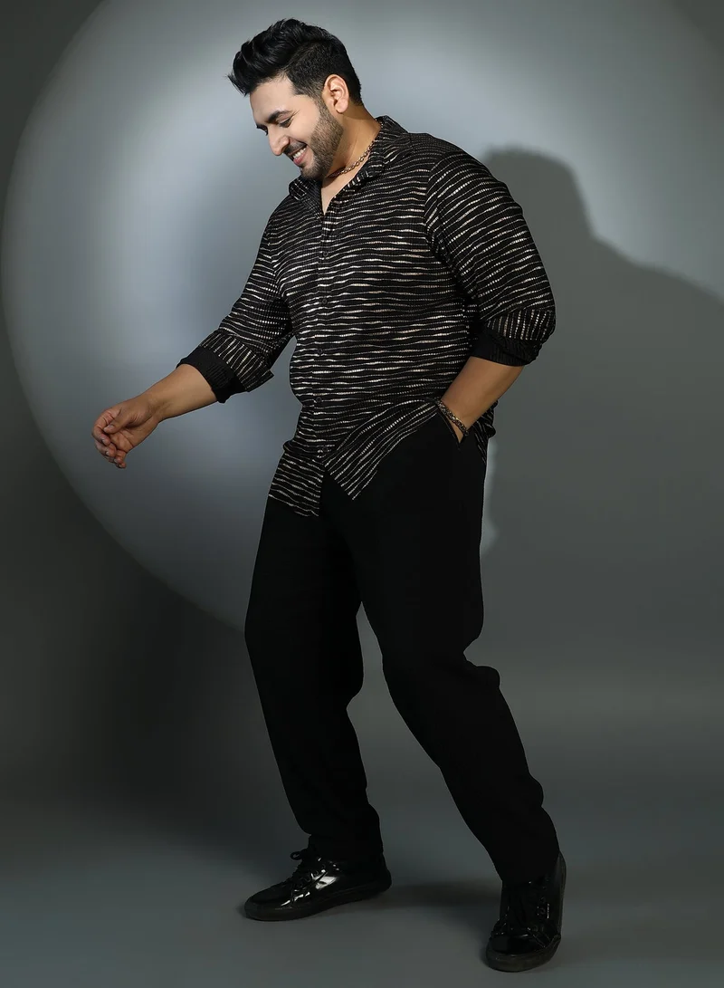 Instafab Plus  Instafab Plus Men's Obsidian Black & Antique Gold Vined-Pleated Shirt For Casual Wear | Cuban Collar | Long Sleeves | Button Closure | Plus Size Shirt Crafted With Comfort Fit For Everyday Wear for Men | Best Price UAE