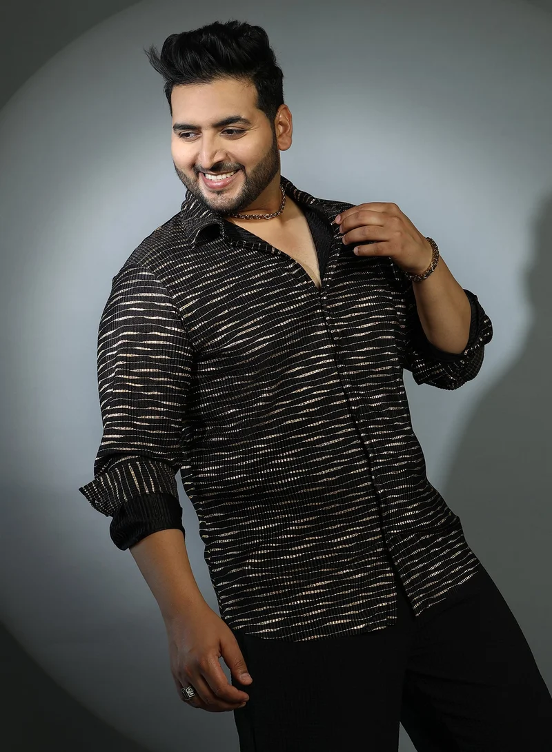 Instafab Plus  Instafab Plus Men's Obsidian Black & Antique Gold Vined-Pleated Shirt For Casual Wear | Cuban Collar | Long Sleeves | Button Closure | Plus Size Shirt Crafted With Comfort Fit For Everyday Wear for Men | Best Price UAE
