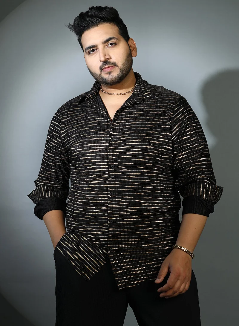 Instafab Plus Instafab Plus Men's Obsidian Black & Antique Gold Vined-Pleated Shirt For Casual Wear | Cuban Collar | Long Sleeves | Button Closure | Plus Size Shirt Crafted With Comfort Fit For Everyday Wear