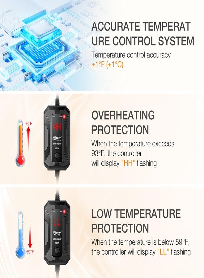 hygger Smart Mini Aquarium Heater 100W for 10-26 Gallons, Desktop Betta Submersible Fish Tank Heater with Intelligent Temperature Control and 5 Safety Protections - Image 3