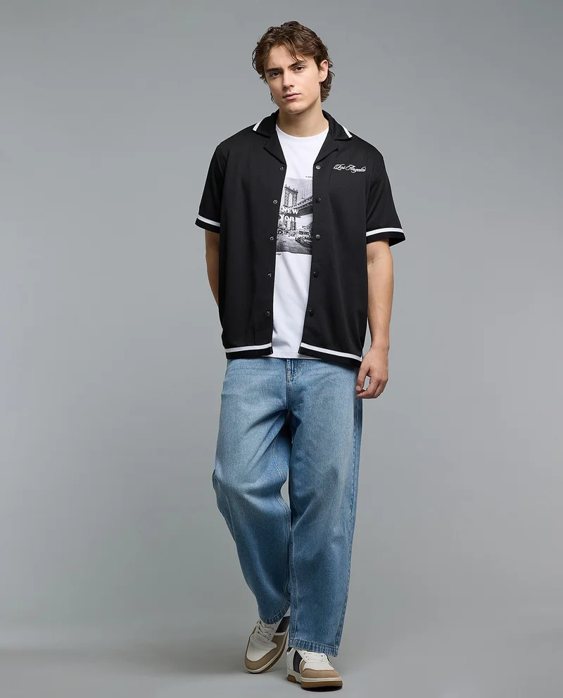أر أند بي Printed Shirt with Revere Collar and Short Sleeves