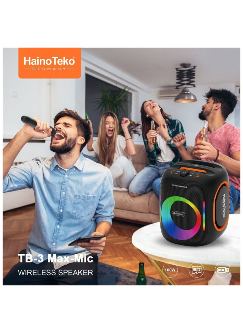 HainoTeko TB-5 Portable Wireless Bluetooth Speaker with 2 Wireless Mics, RGB Lighting, 100W Output Power, Multi-Functional Button Control for Indoor & Outdoor Use - Black  - Image 2