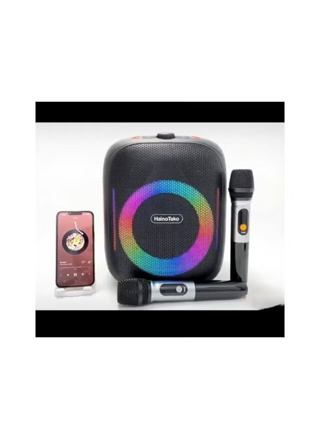 HainoTeko TB-5 Portable Wireless Bluetooth Speaker with 2 Wireless Mics, RGB Lighting, 100W Output Power, Multi-Functional Button Control for Indoor & Outdoor Use - Black  - Image 3