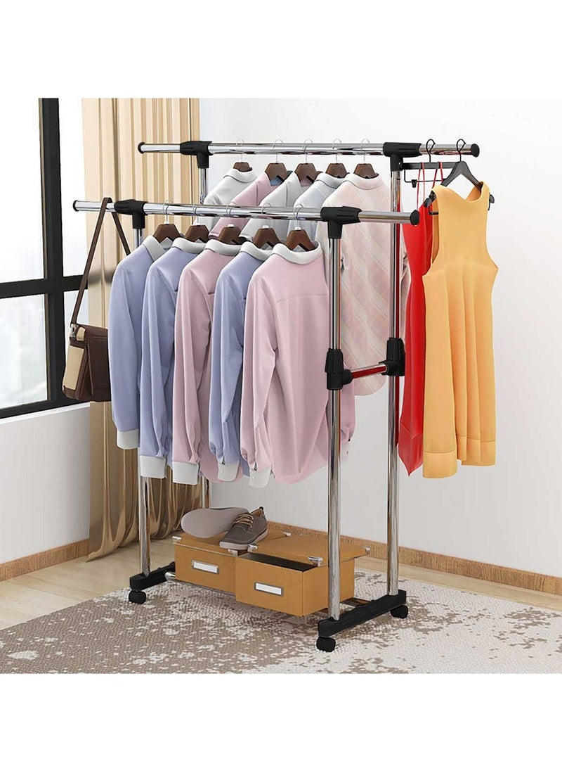 DOUBLE POLE - Adjustable Clothes Rack Single/Double Bars With Wheel Coat Shelf Hanging Drying Rack Floor Hanger Movable Clothes Storage - Image 1