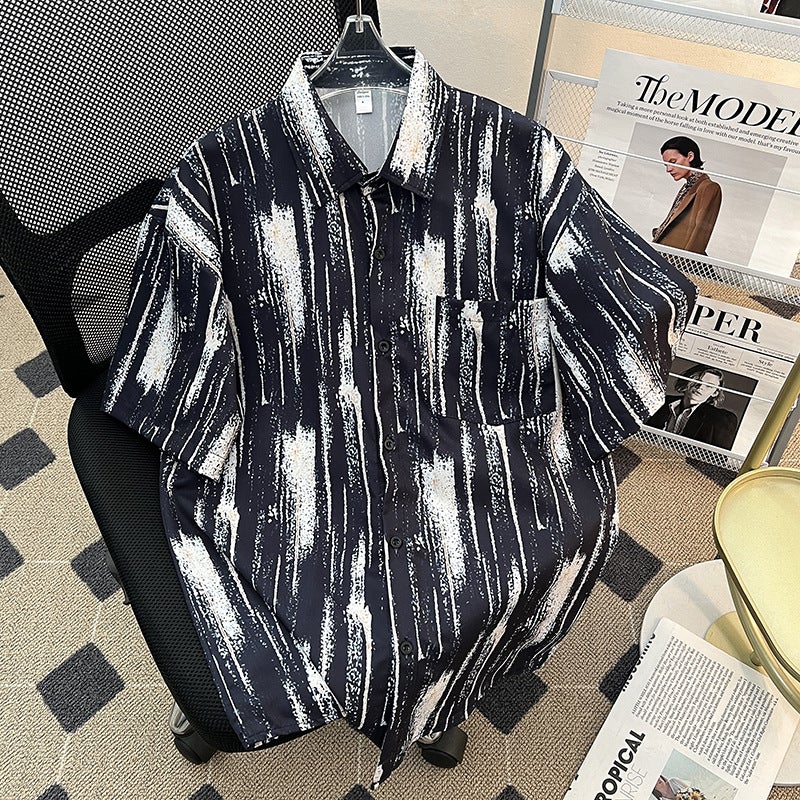 C01 Four-Sided Bullet Shirt Ruffian Handsome Printed Short Sleeve Men'S Summer Ice Silk T-Shirt Men'S Ins Korean-Style Southern Oil Niche - Image 1