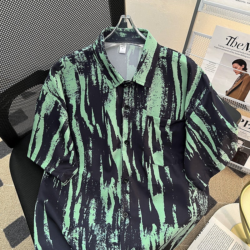C01 Four-Sided Bullet Shirt Ruffian Handsome Printed Short Sleeve Men'S Summer Ice Silk T-Shirt Men'S Ins Korean-Style Southern Oil Niche - Image 2