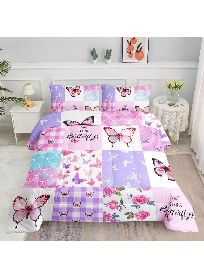 Datura home Kids Comforter Set Mermaid Scale Butterfly Printed Pattern Bedding Set with 1 Comforter and 2 Pillowcases for Girls Boys Bedroom All Season  - Image 1