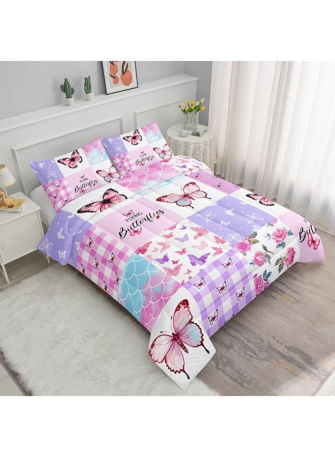 Datura home Kids Comforter Set Mermaid Scale Butterfly Printed Pattern Bedding Set with 1 Comforter and 2 Pillowcases for Girls Boys Bedroom All Season  - Image 2