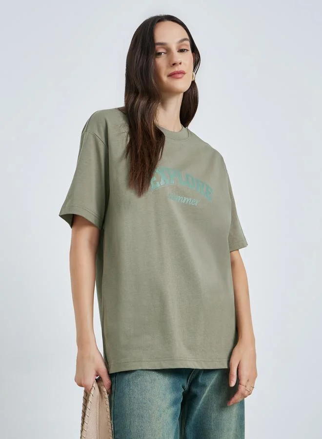 Take Two Green Text Print Oversized Cotton T-Shirt