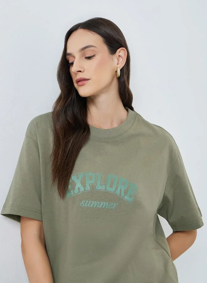Take Two Green Text Print Oversized Cotton T-Shirt
