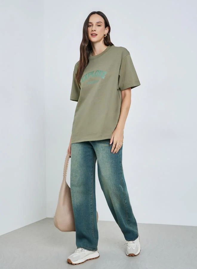 Take Two Green Text Print Oversized Cotton T-Shirt