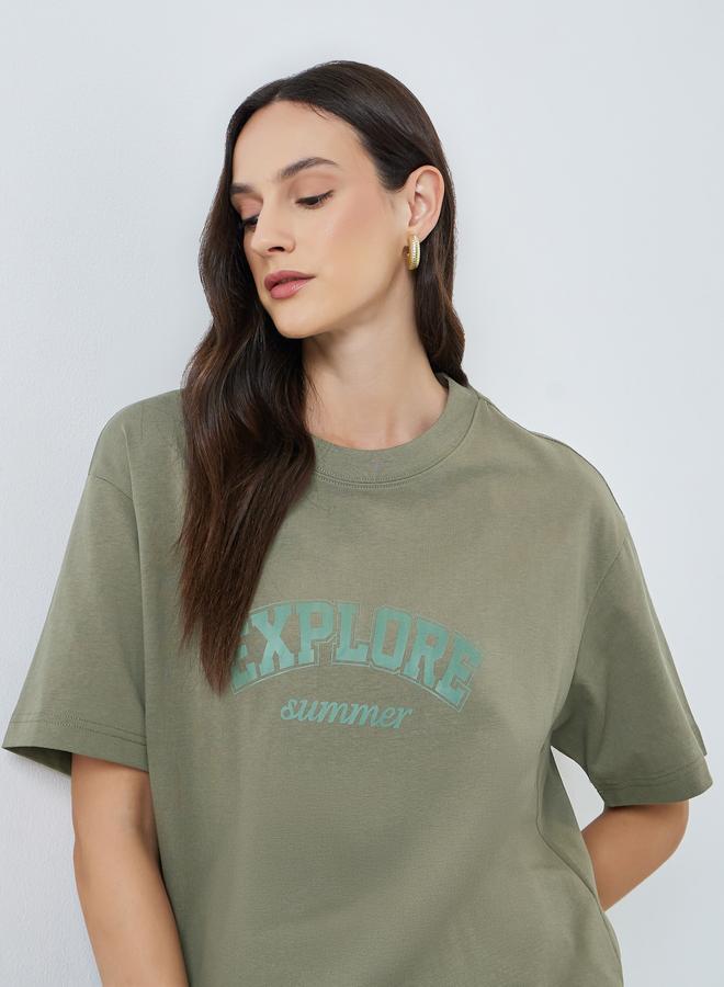 Take Two Green Text Print Oversized Cotton T-Shirt - Image 1
