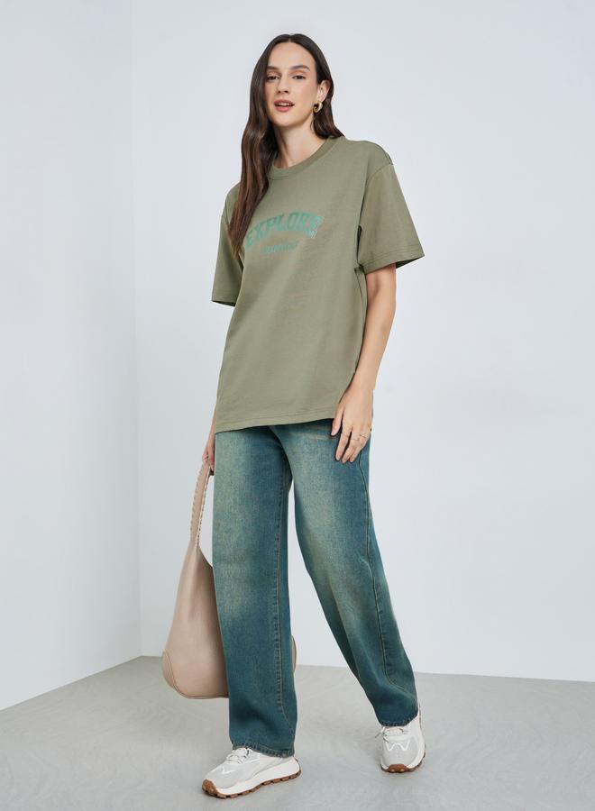 Take Two Green Text Print Oversized Cotton T-Shirt - Image 2