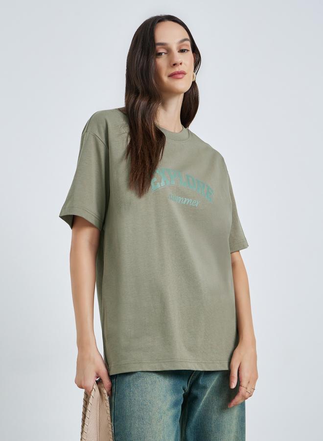 Take Two Green Text Print Oversized Cotton T-Shirt - Image 3
