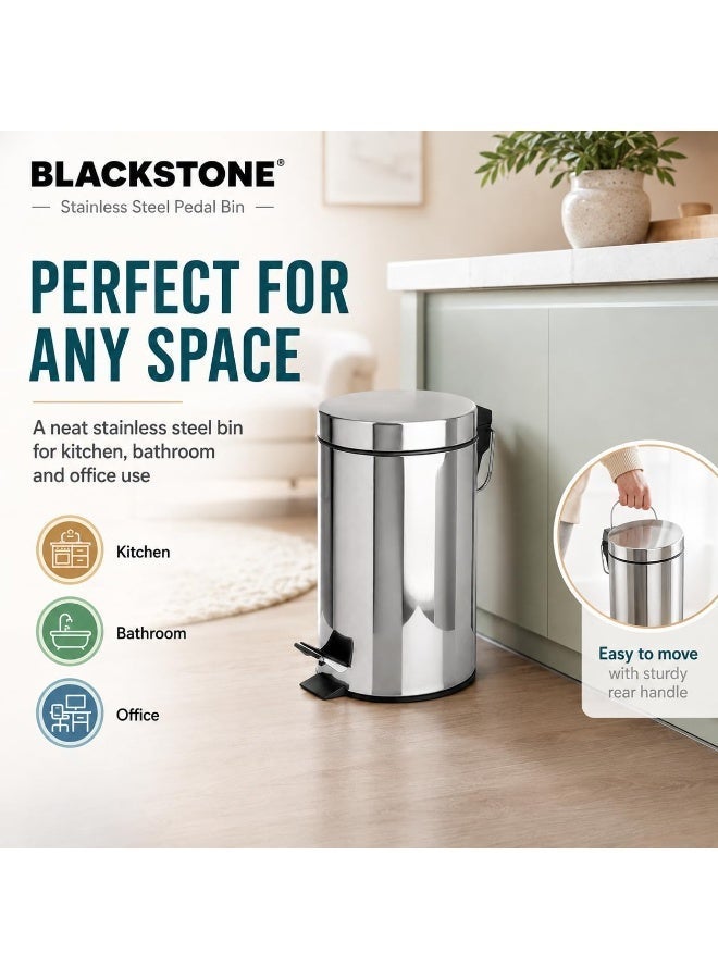 بلاك ستون BLACKSTONE سلة مهملات ستانلس ستيل 30 لتر بدواسة، غطاء إغلاق هادئ، دلو داخلي قابل للإزالة، سلة نفايات للمطبخ والحمام والمكتب - Image 2