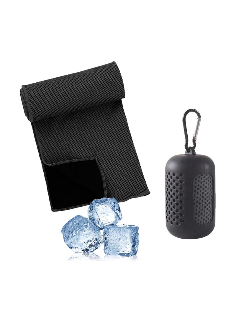 VIUAUAX Technical cooling sports towel, ice towel for neck and face, cold towel with silicone portable storage box, breathable sweat towel for yoga, running, gym and outdoor sports, 90cm x 30cm (Black) - Image 1