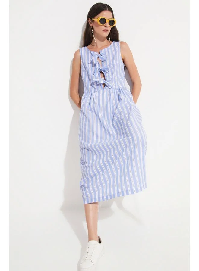 JUNE Striped Bow Midi Dress