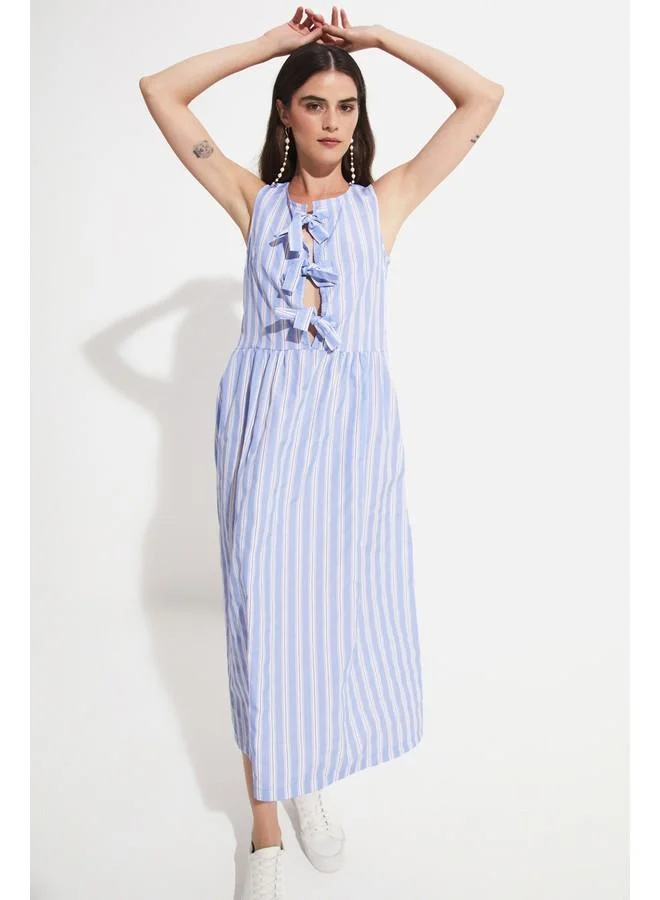 JUNE Striped Bow Midi Dress