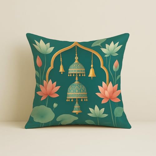 STITCHNEST Satin Cushion Covers Green Ethnic Print with Cow, Lotus & Bell Art, 24x24 Inch (Pack of 2) - Image 3