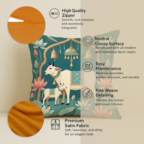 STITCHNEST Satin Cushion Covers Green Ethnic Print with Cow, Lotus & Bell Art, 24x24 Inch (Pack of 2) - Image 2