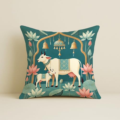 STITCHNEST Satin Cushion Covers Green Ethnic Print with Cow, Lotus & Bell Art, 24x24 Inch (Pack of 2) - Image 4