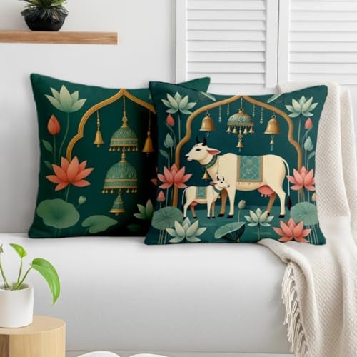 STITCHNEST Satin Cushion Covers Green Ethnic Print with Cow, Lotus & Bell Art, 24x24 Inch (Pack of 2) - Image 1