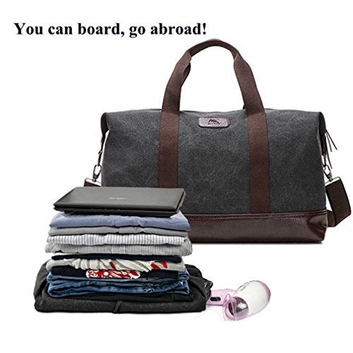Sunshinejing Classic Weekender Overnight Duffel Bag Canvas Leather Carry on Travel Tote (Black) - Image 3