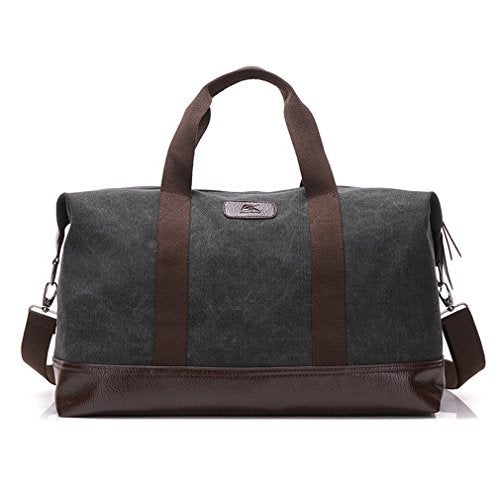 Sunshinejing Classic Weekender Overnight Duffel Bag Canvas Leather Carry on Travel Tote (Black) - Image 1