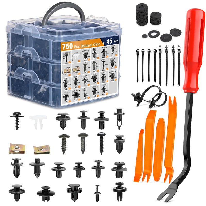 GOOACC 795Pcs Car Push Retainer Clips Auto Fasteners Assortment 23 Most Popular Sizes Nylon Bumper Fender Rivets Metal Screw Pin Kit with 10 Cable Ties Remover for Toyota GM Ford Honda Chevy