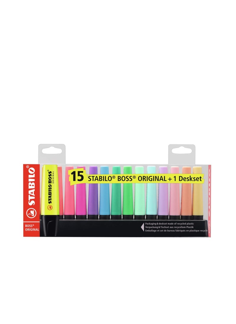 STABILO STABILO BOSS Original Fluorescent and Pastel Highlighters – Deskset of 15 Assorted Colours  - Image 1